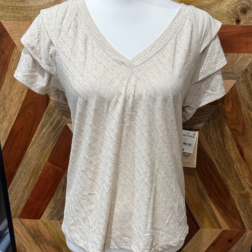 Nordstrom Cream Eyelet V-Neck Flutter Sleeve Top NWT